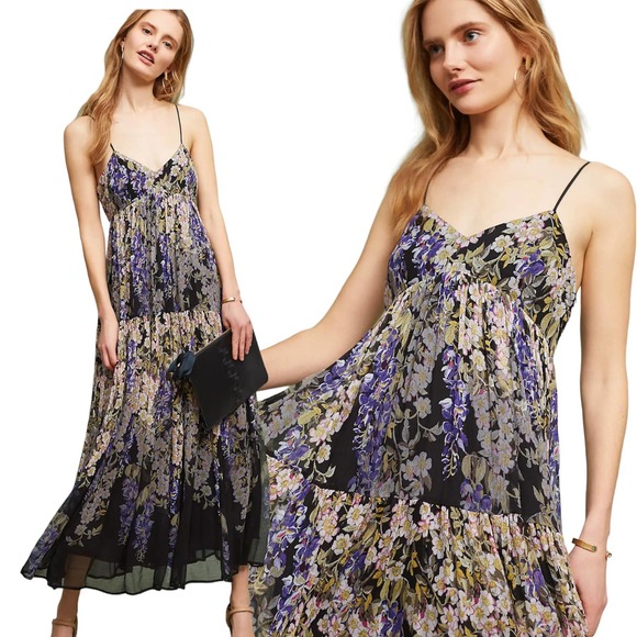 Anthropologie Purple Floral Maxi Patch Layer Strappy V-Neck Black Maxi Dress | 2 - Picture 8 of 12